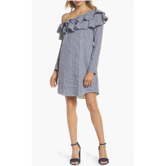 Adelyn Rae Womens Gingham One Shoulder Ruffle Shift Dress Blue Plaid size XS - Picture 1 of 14